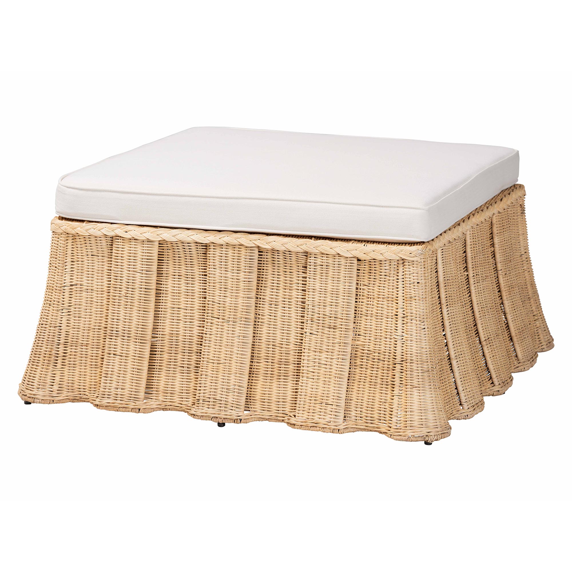bali & pari Rotem Natural Rattan Ottoman with Cushion - Handwoven Wicker Pleated Skirt Accent Coffee Table or Extra Seating for Living Room or Sunroom, Large Affordable modern furniture in Chicago, classic living room furniture, modern ottoman, cheap ottoman